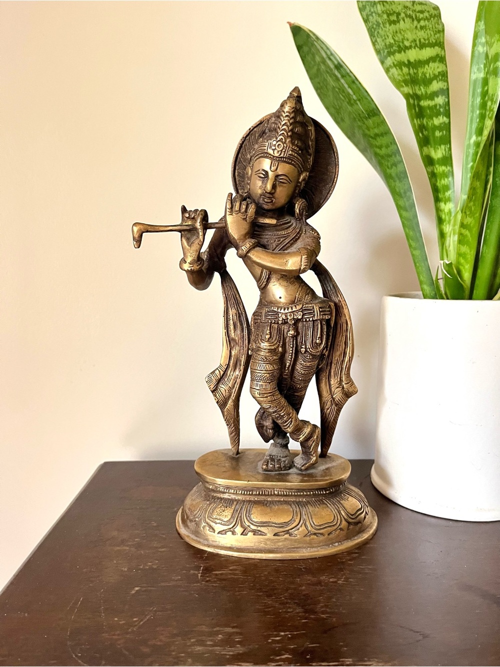 Vintage Heavy Brass Standing Krishna Playing Flute 10.75”